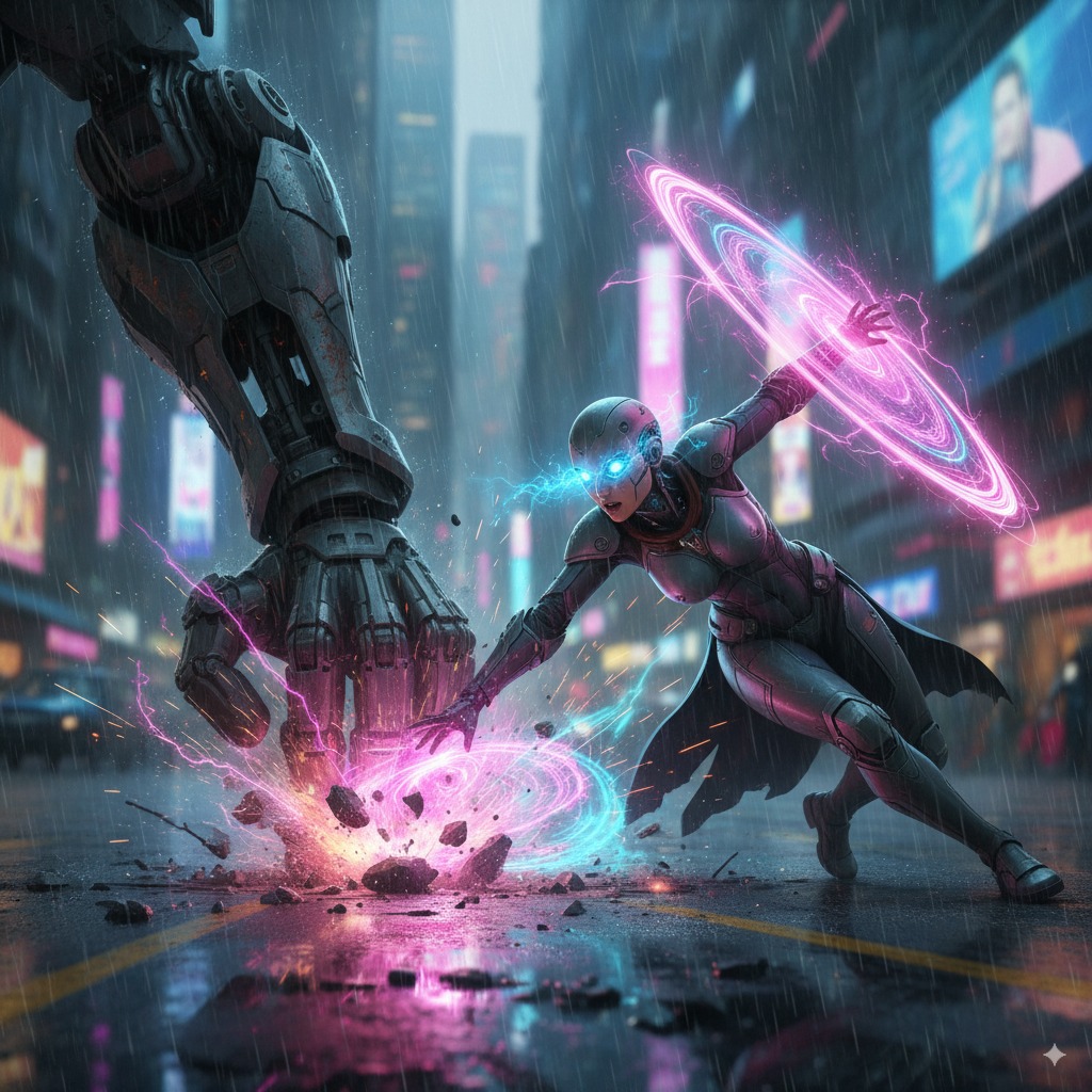 A dynamic close-up of the cyborg wizard deflecting a laser blast from the mech.