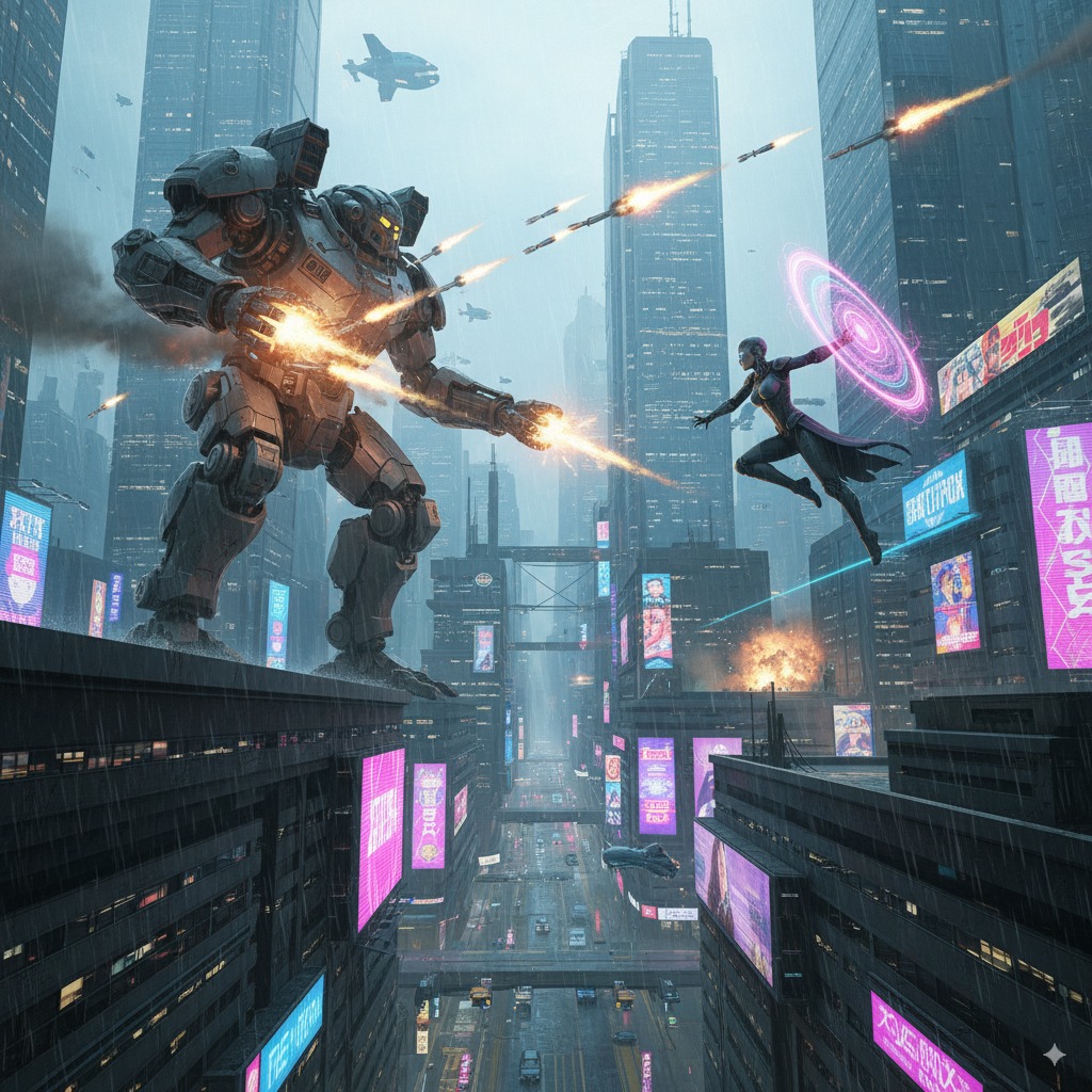 A wide cityscape shot showing the massive scale of the mech warrior battling the wizard among skyscrapers.