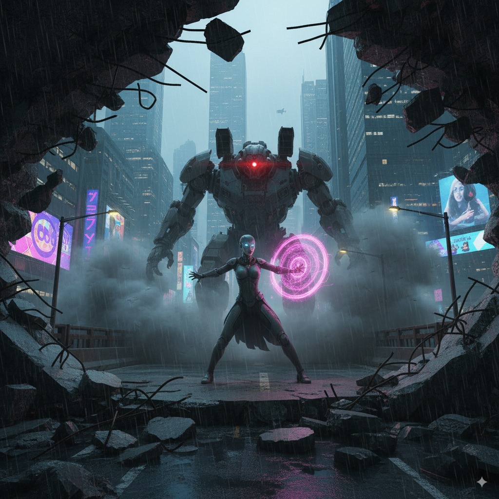 A dramatic low-angle view looking up at the towering mech as it prepares to strike.